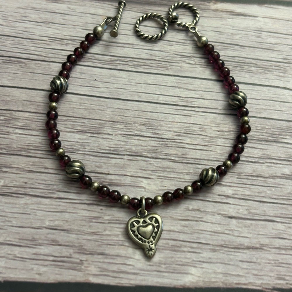 Sterling Silver Garnet Bracelet w/Heart Charm – January Birthstone, Boho E967